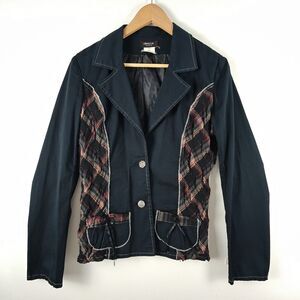 Cloanice Paris Vintage Black & Wrinkled Plaid Decorative Button Light Blazer